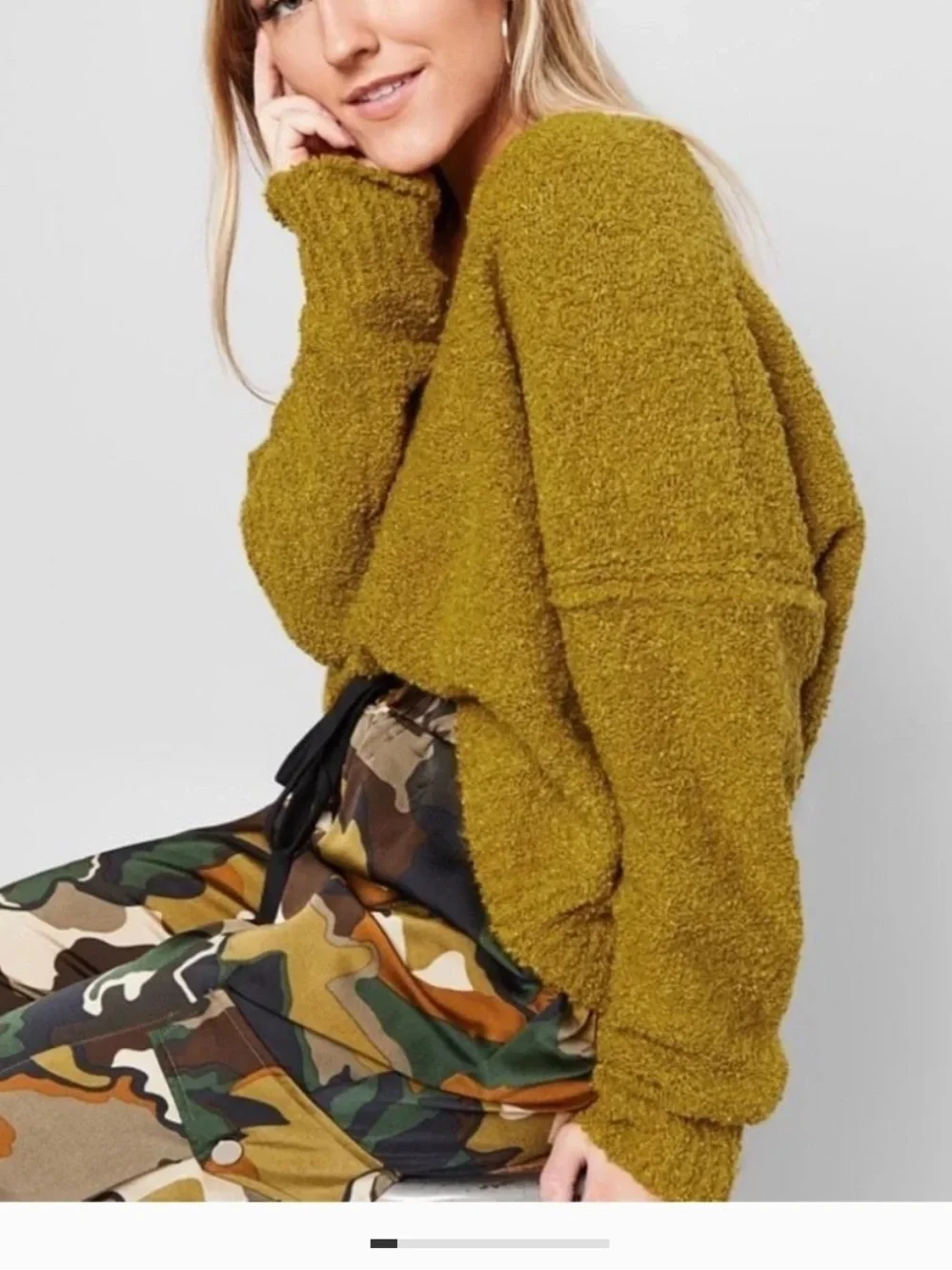 Free People Finders Keepers Bouclé V-Neck Sweater in Athena moss green